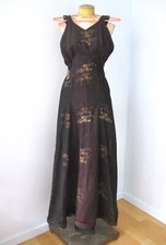 Vtg Edwardian 1910s black evening gown dress embroidered flowers puddle hem XS