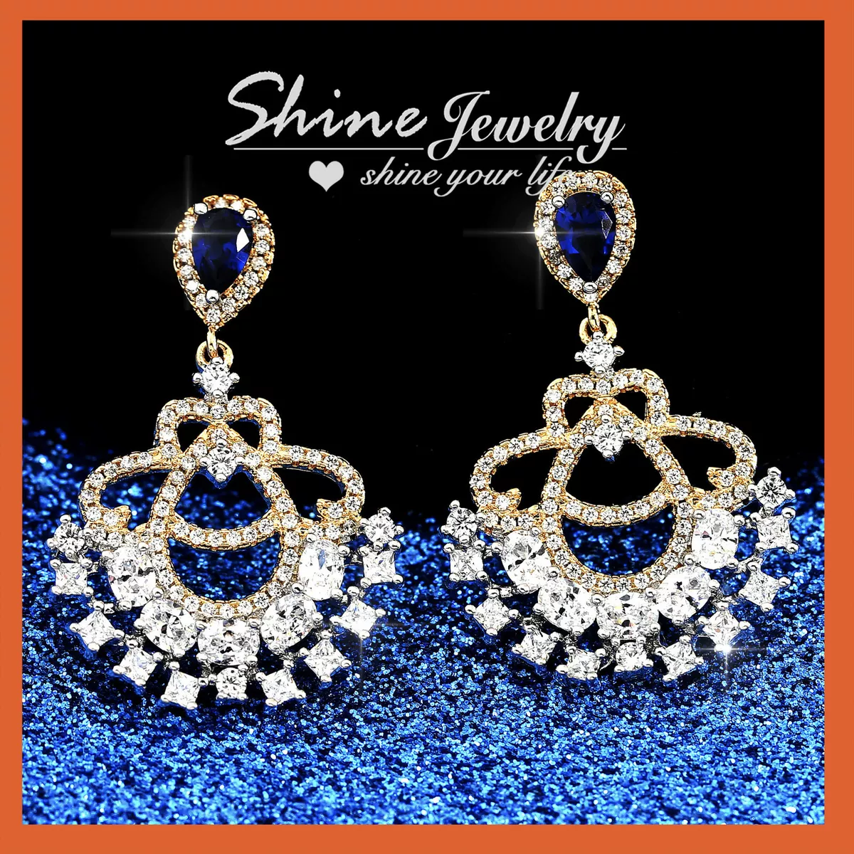 18K GOLD GF LADY SAPPHIRE DIAMOND DROP LUXURY DRESS WEDDING