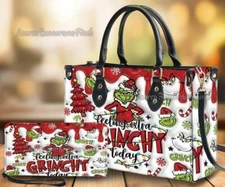 Personalized Grinch Christmas Leather Handbag & Wallet, Grinch Gift Shoulder Bag