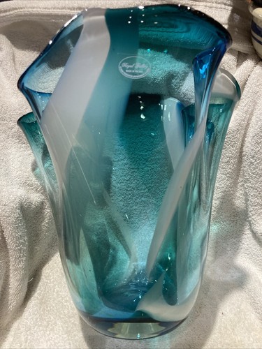 Royal Gallery Poland Teal Vase Handkerchief Ruffle Hand Blown Glass Lg Vase 12" - Picture 2 of 24