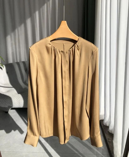 Damen Langarm 100% echte Seide Knopf Rundhals Shirt Bluse Büro Damen OL - Bild 33 von 38