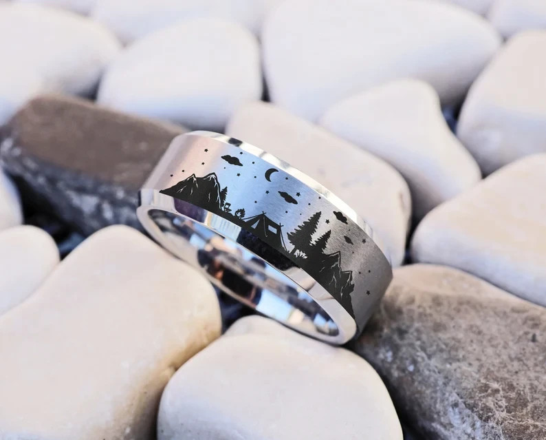 Anillo de boda plateado unisex adulto tungsteno naturaleza tienda de campaña excursionista bosque - 8 mm