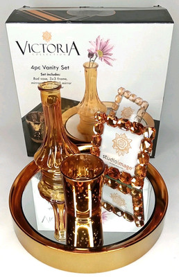 VTG 1990s Vanity Set With Original Box Gold Mirrored Tray Vase Votive & Frame