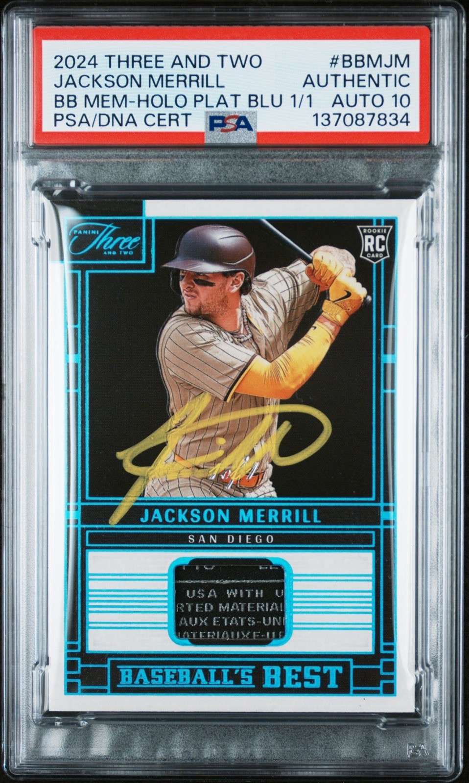 2024 Three & Two Jackson Merrill #BBMJM Rookie Jersey Autograph 1/1 PSA 10 Auto