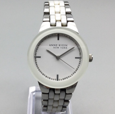 Anne Klein Watch Women 34mm Silver Tone White Dial Crystals New Battery 7''
