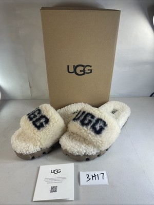 UGG Faux Fur Sandals Cozette Curly Graphic 1132891 Sugar Sole Shoe Size 8 3H17