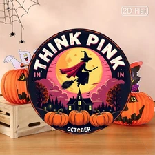 Halloween Pink Witch Round Metal Wall Art for Living Room Bedroom