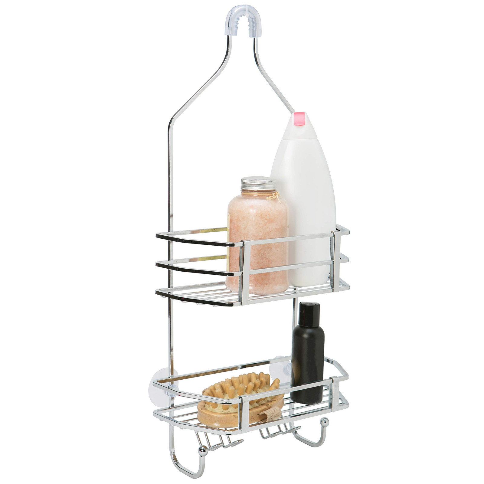 Shower Head Caddy, Suction Cup Backing, 2 Tier Shelving & 6 Accessory Hooks, ...