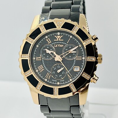 LeVian LV931 Womens Diamond Black Ceramic Rose Gold Chronograph 39mm Swiss Watch