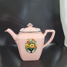 Tetera vintage Hall Art Deco rosa y negra años 30, calcomanía floral 5 tazas, como está