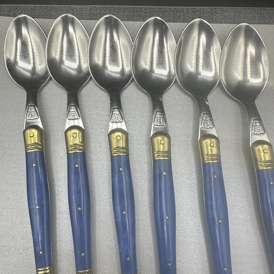 Conjunto de 6 colheres de jantar vintage Jean Dubost Laguiole França abelha azul ouro raro - Imagem 3 de 4