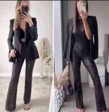ZARA NEW FLARED SEQUINNED LEGGINGS/Pants DARK Black S-L 9860/221 NWT Cocktail