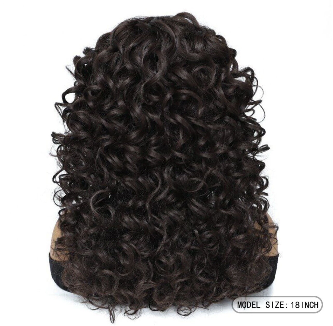 Perruque synthétique brune femme cheveux courts bouclés marron avec frange