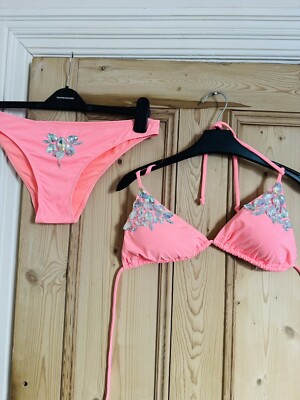 Bnwot Boutique Bespoke Size 12 Coral Crystal Padded Bikini Set Like Moda Minx