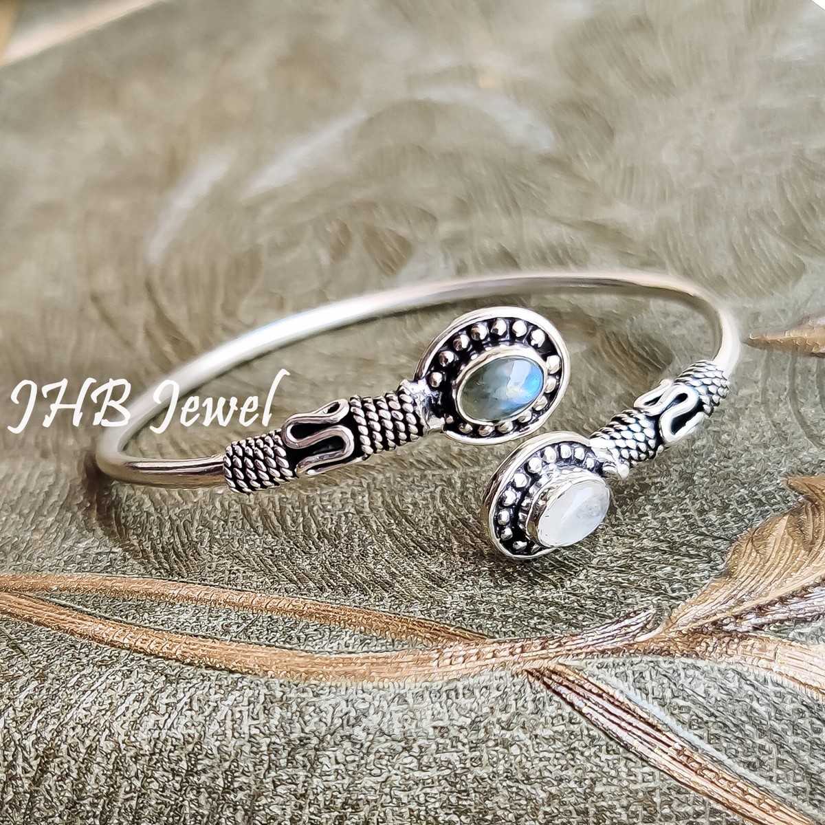 Labradorite Moonstone Gemstone 925 Sterling Silver Cuff Bangle For Husband