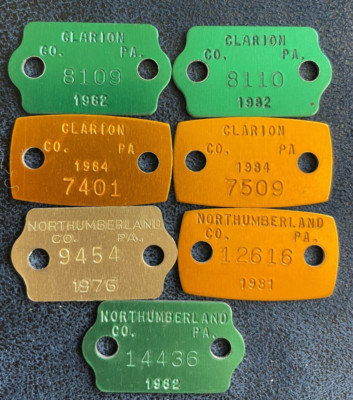 Vintage 80's Clarion & Notrhumberland County, PA Dog License Tax Tag Lot of 7