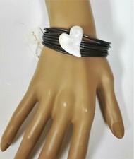 BRUSHED SILVER TONE,MULTI BLACK GENUINE LEATHER CORD,LARGE HEART CHARM BRACELET