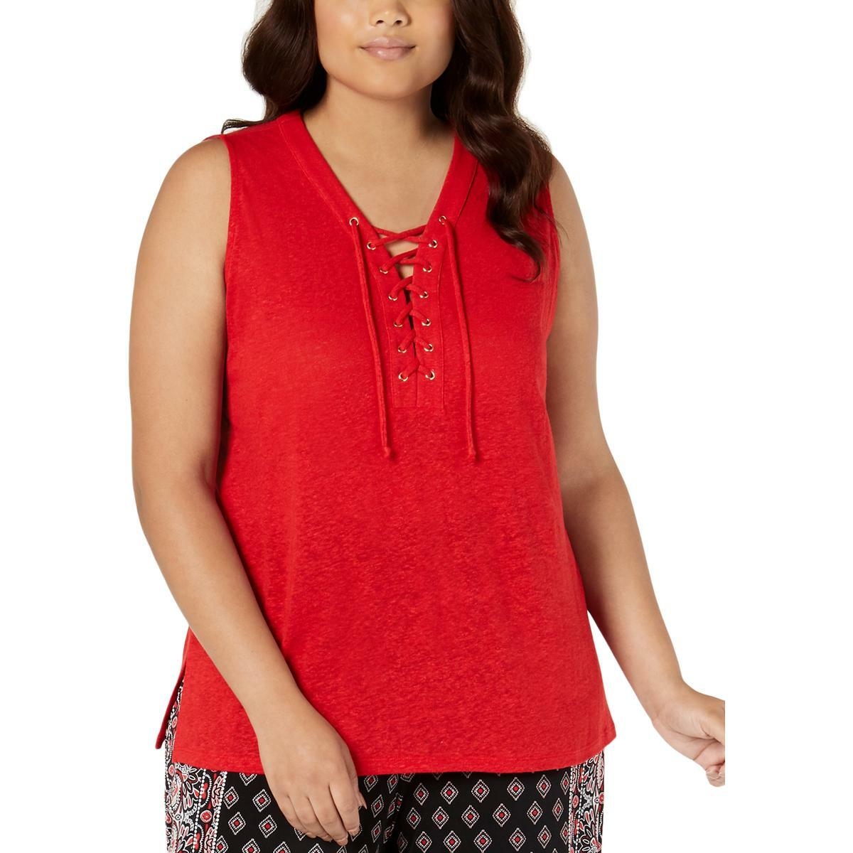 Image 01 - INC Womens Linen Blend Lace-Up Slub Tank Top Shirt Plus BHFO 0302