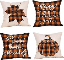 Set of 4 18x18" Autumn Decorative Throw Pillowcases Thanksgiving Pumpkin Fall