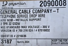 General Cable 2090008 22/2P NM Support Telephone Service Drop Wire ASW /100ft