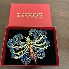 Cindy Adams enamel rhinestone butterfly  gold tone pin Large brooch Vintage