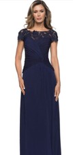 New La Femme Ruched Knotted A-Line Evening Dress In Navy Size 12 Retail 338