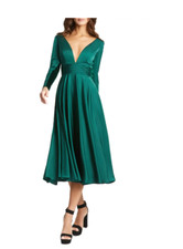MAC DUGGAL LONG SLEEVE PLUNGE NECK EMERALD MIDI FIT & FLARE COCKTAIL DRESS sz 16