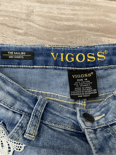 Vigoss Denim Jean Shorts Embroidered Malibu Mid Shorts Raw Hem Girls Size 14 - Picture 2 of 3