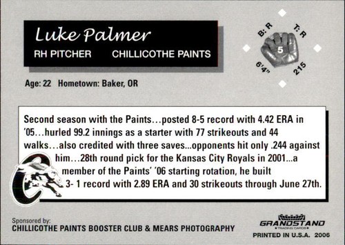 Tarjeta de béisbol 2006 Chillicothe Paints Grandstand #19 Luke Palmer Baker Oregon O - Imagen 2 de 2