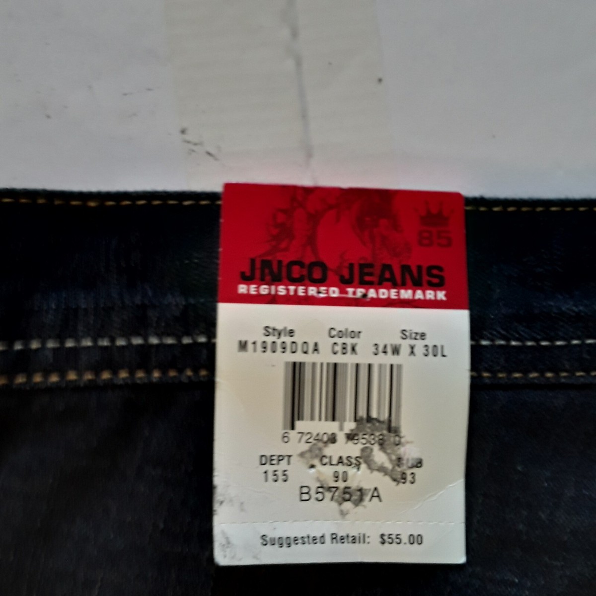NWT JNCO Vintage 90s Y2K 4-Pocket Dark Denim Jeans Eagle 34x30 
