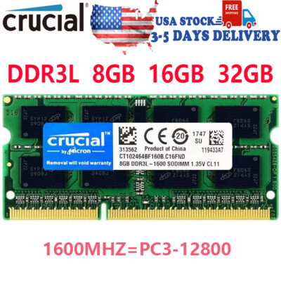 Crucial DDR3L 8GB 16GB 32GB 1600MHZ PC3L-12800 Laptop SODIMM 204-Pin Memory  RAM