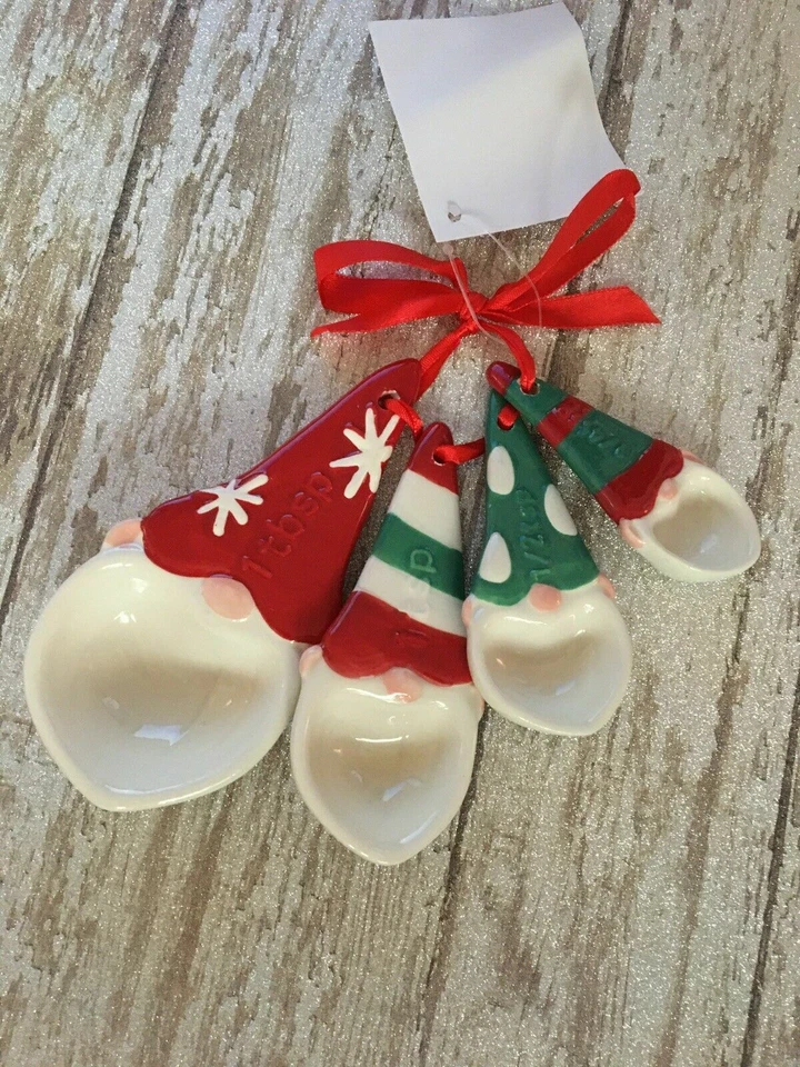 Gnome Measuring Spoons & Holiday Pattern Nesting Cup Set Red Green Ceramic NEW - Image 2 of 4