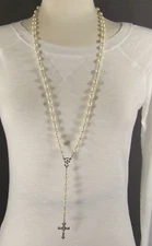Cream faux pearl glass bead beaded rosary silver cross 30" long necklace