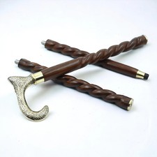 36'' Rope Design Carved Wooden Walking Stick Cane Solid Brass Handle Gift