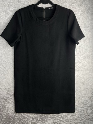 Mango Basics Size M Black Straight Cut Shift Dress Short Sleeves Knee Length Zip