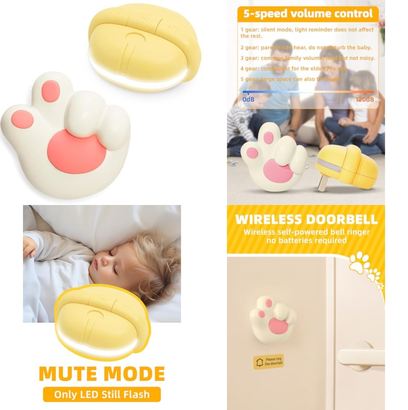 Wireless Cat Paw Doorbell Chime Pink 38 Ringtones 5 Volume Mute Mode 1000 Ft
