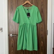 Pieces Bright Green Textured V Neck Smock Wrap Front Mini Dress UK 10 NEW £25