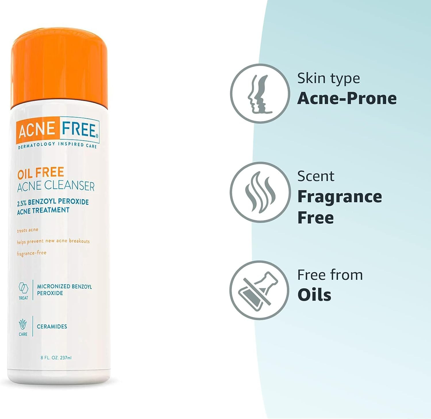Acne Free Oil-Free Cleanser, Benzoyl Peroxide 2.5% with Glycolic Acid to Prevent