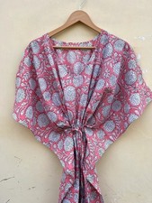 Indian Pink Floral Handmade Cotton Kaftan Maxi Dress Women's Clothing Gown US