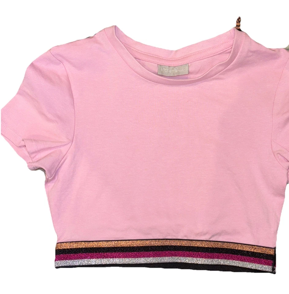 4 X Girls Cropped T Shirts With Sparkle Trim Age 9 Excellent Condition - Image 2 of 4