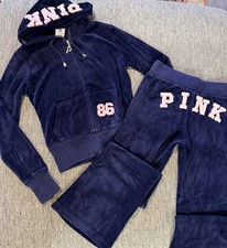 Pink Victoria Secret Y2K Love Rock N Roll Tour Velour Navy Track Suit S/M
