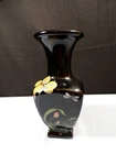 Fenton Hand Painted Black Glass Vase w/ Tigert Lily & Dragonfly Design