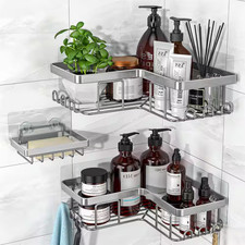 Wall Mount Adhesive Corner Shower Caddy with Soap Holder and 12 Hooks in Brushed
