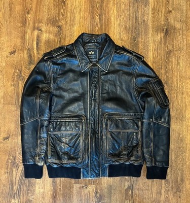 Alpha Industries Black Leather Flight Jacket Bomber Genuine Leather Size 50