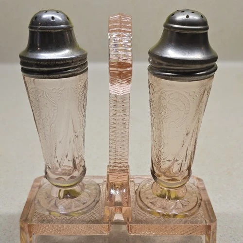 Mayfair Pink Depression Glass Salt and Pepper Shakers With Stand