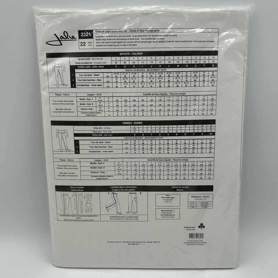 Jalie Sewing Pattern #2321 Lined Warm Up Pants Cargo Zippered Wm’s Sz 22, New - Image 3 of 4