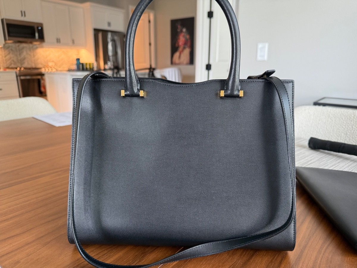 SAINT LAURENT Uptown Medium Black Leather Tote w/ Removable Pouch