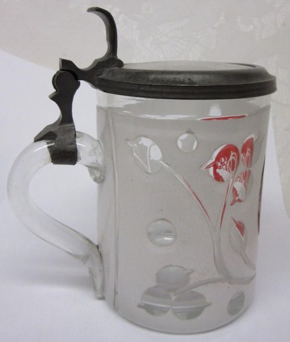 BOHEMIAN White Cased RUBY Engraved GESHUNDHEIT LIDDED BEER MUG STEIN - Picture 4 of 6