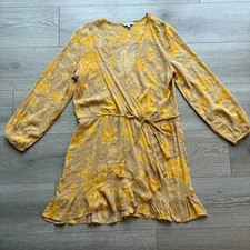 Blue Island Womens Khaki Gold Floral Ruffle Long Sleeve Mini Wrap Dress Size S