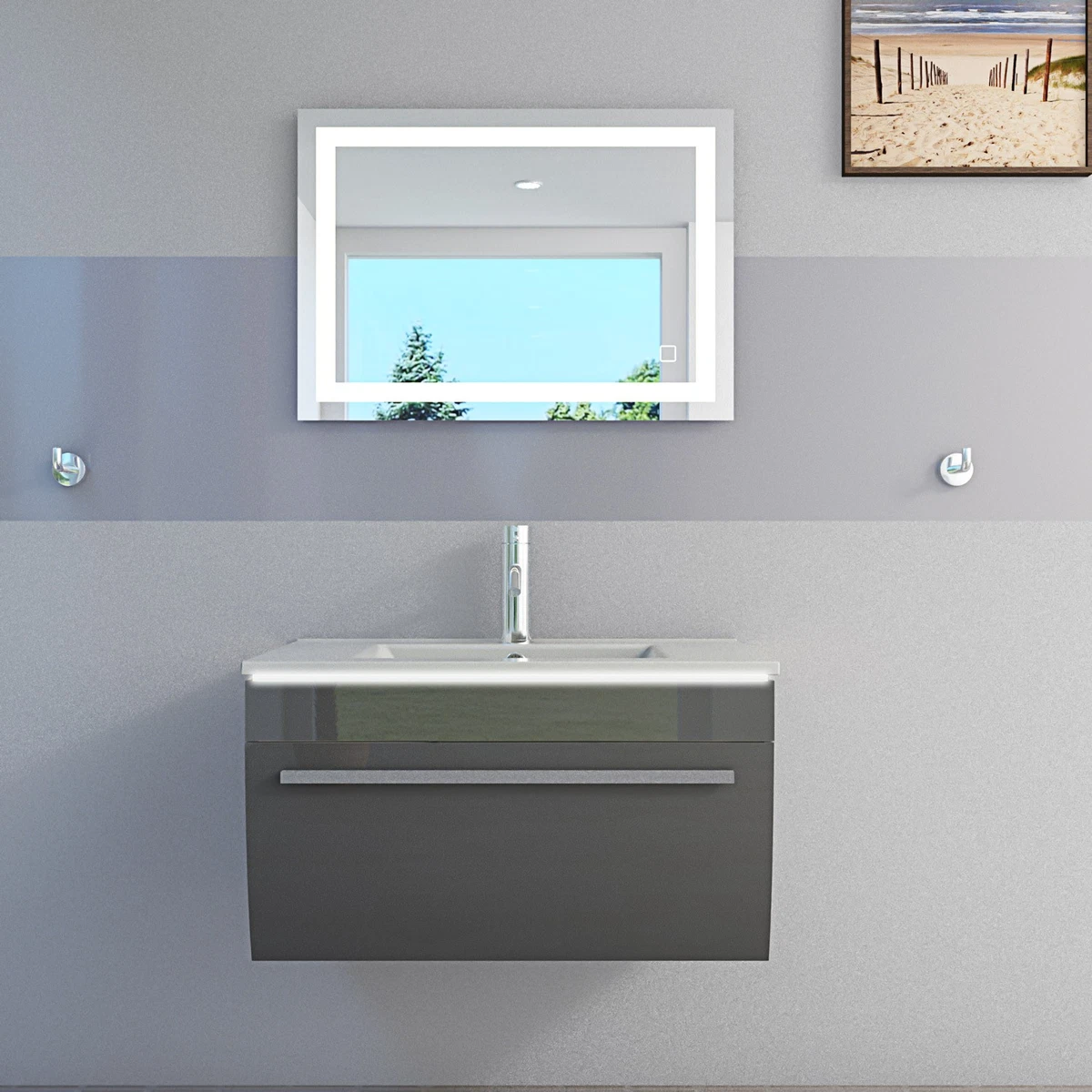 Badmöbel Set Gently 3 V1 Weiß/Grau MDF Waschtisch 70cm mit Leuchtspiegel LSP03 7